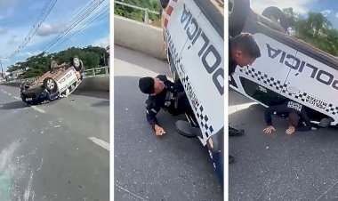 Viatura da PM capota na Miguel Sutil durante perseguição à motociclista; militares não se feriram