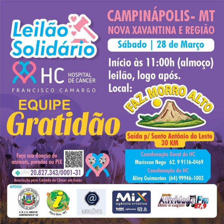 Leilão Solidário em Campinápolis arrecada recursos para Hospital de Câncer Francisco Camargo de Inhumas